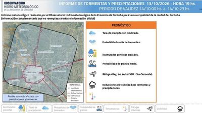 Prevén lluvias y posibles tormentas fuertes este miércoles en Monte Cristo, Malvinas Argentinas y Córdoba